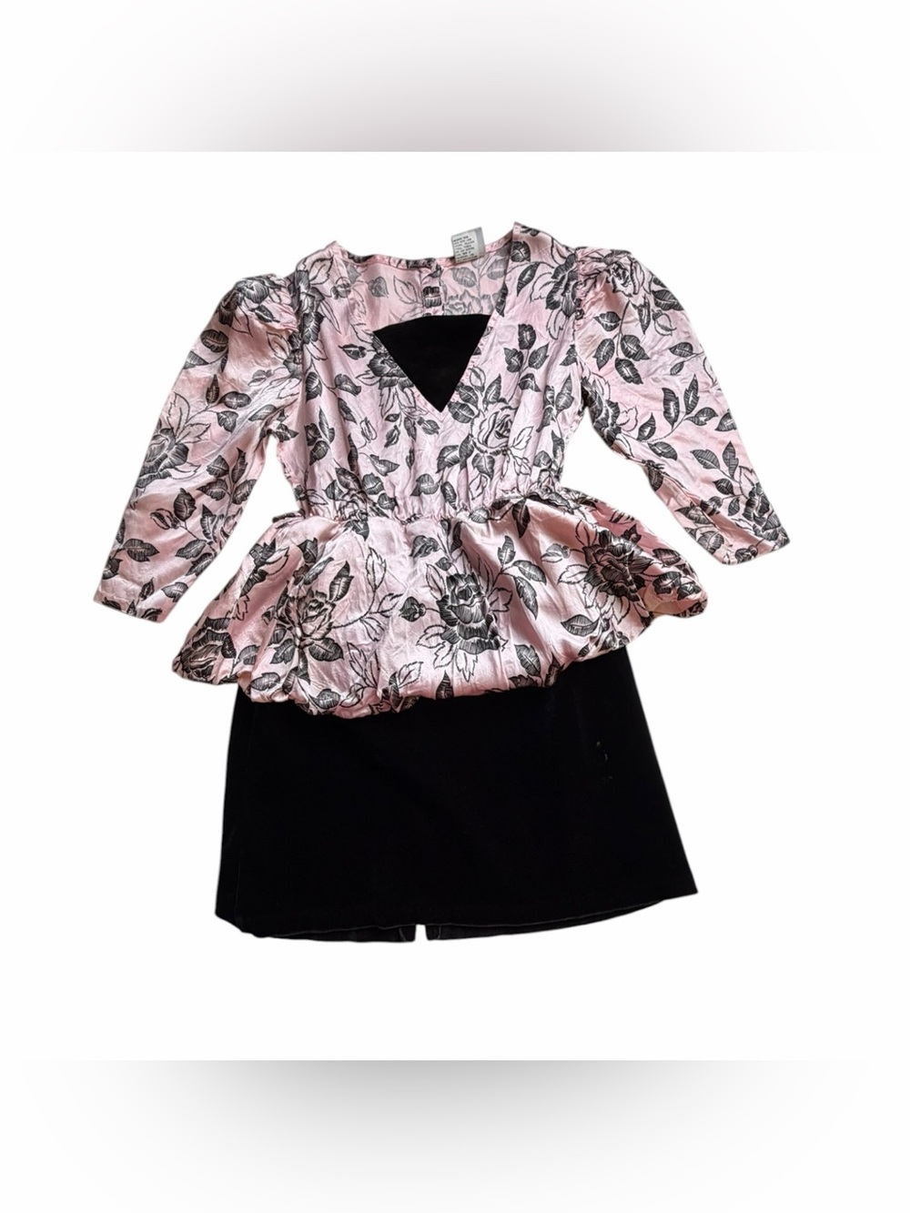 Vtg 80s You Are in Wonderland Girls Peplum Dress Pink Floral Puff Sleeve Size 10